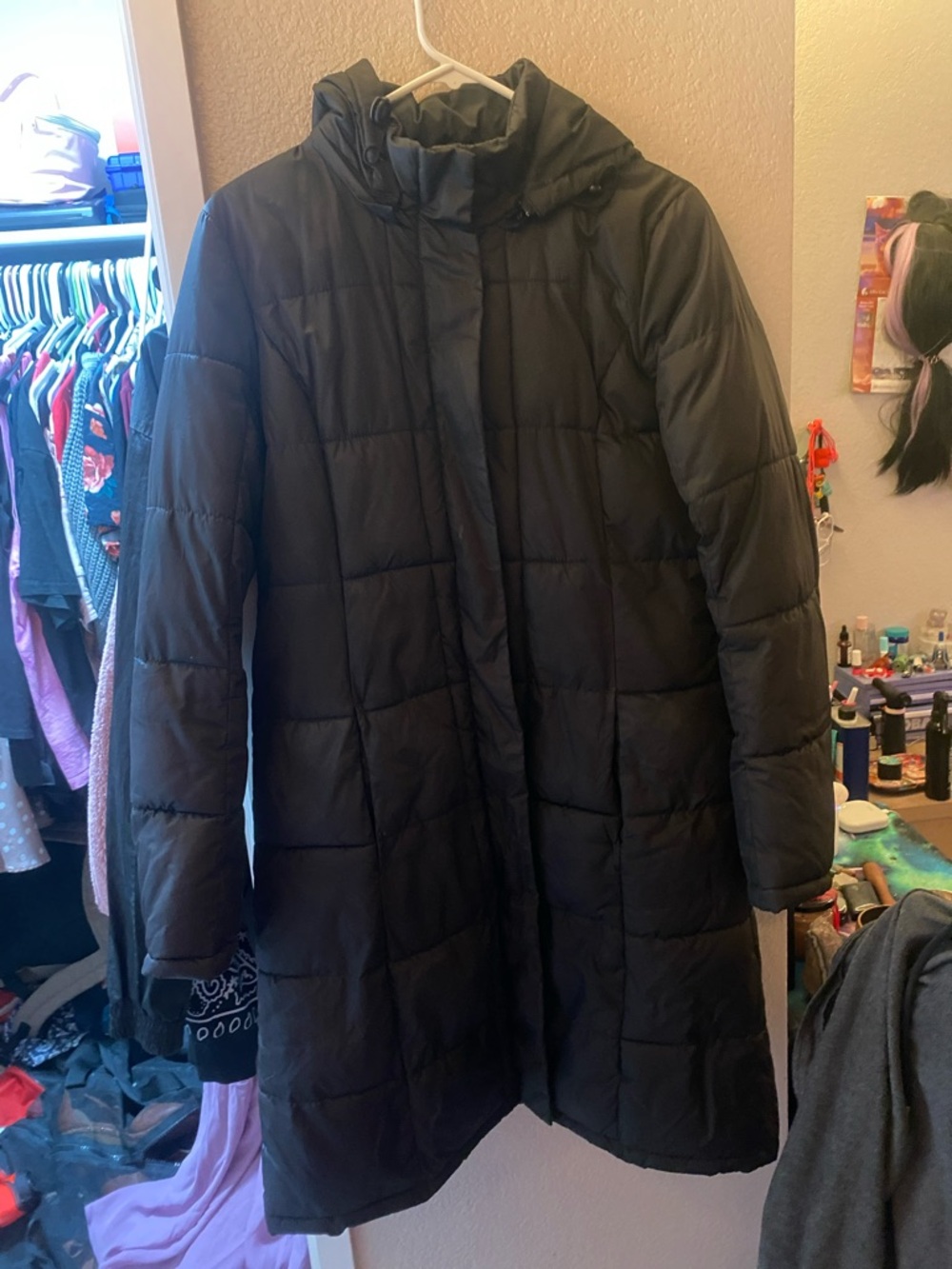 Faded Glory Black Quilted Hooded Long Puffer Coat
